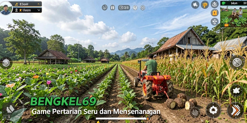 Screenshot gameplay BENGKEL69 menampilkan aktivitas bertani yang seru.