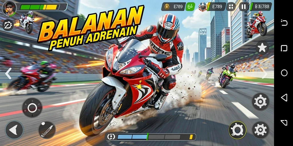 Screenshot yang menampilkan aksi balapan motor yang mendebarkan.