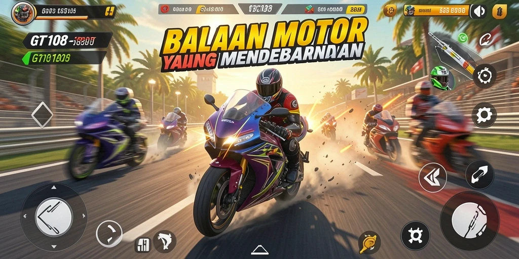 Screenshot GT108 menampilkan aksi balapan motor yang seru dan mendebarkan.