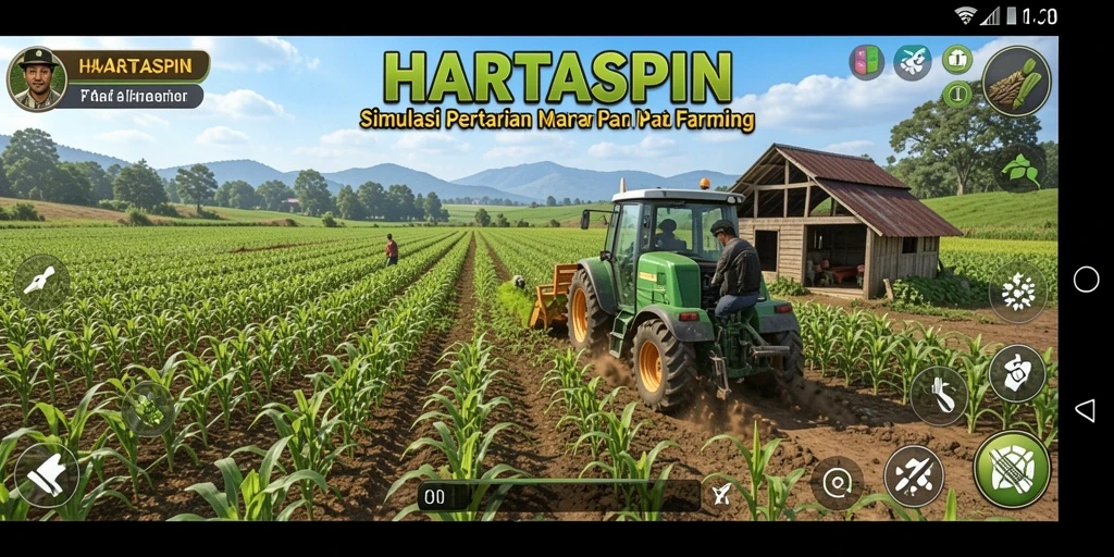 Screenshot gameplay HARTASPIN menampilkan lahan pertanian yang subur.