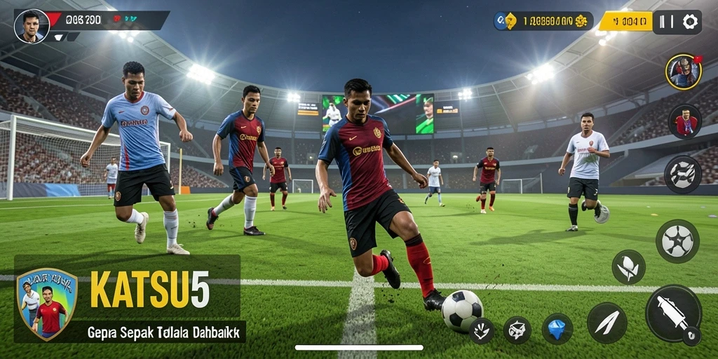 Tangkapan layar gameplay KATSU5 menampilkan aksi seru pertandingan sepak bola.