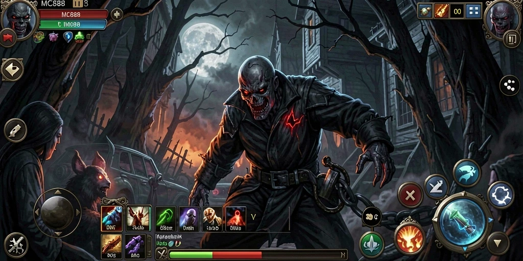 Screenshot gameplay <strong>MC888</strong> menampilkan suasana mencekam dan makhluk menyeramkan.