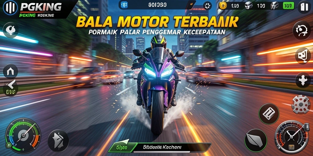 Tampilan gameplay PGKING dengan motor balap yang memukau.